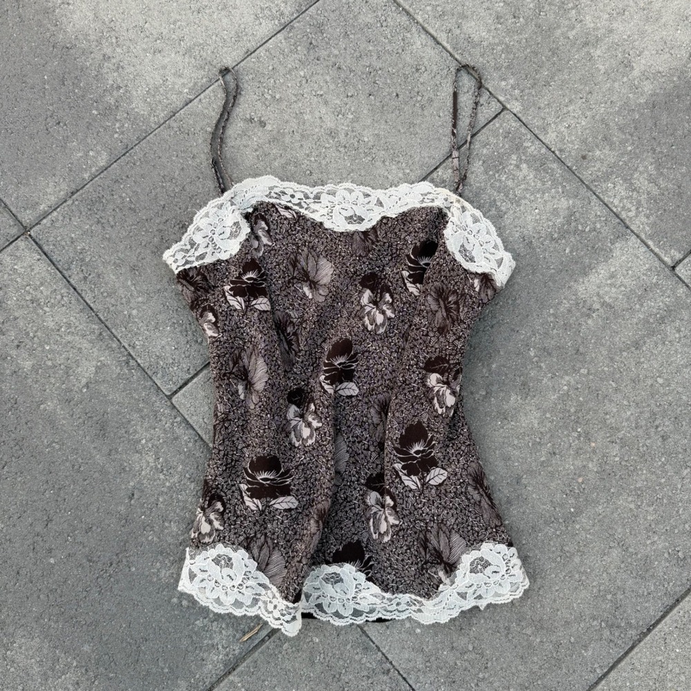 Ann Taylor Brown Floral Lace Trim Camisole Top Size 4 Spaghetti Strap Vintage